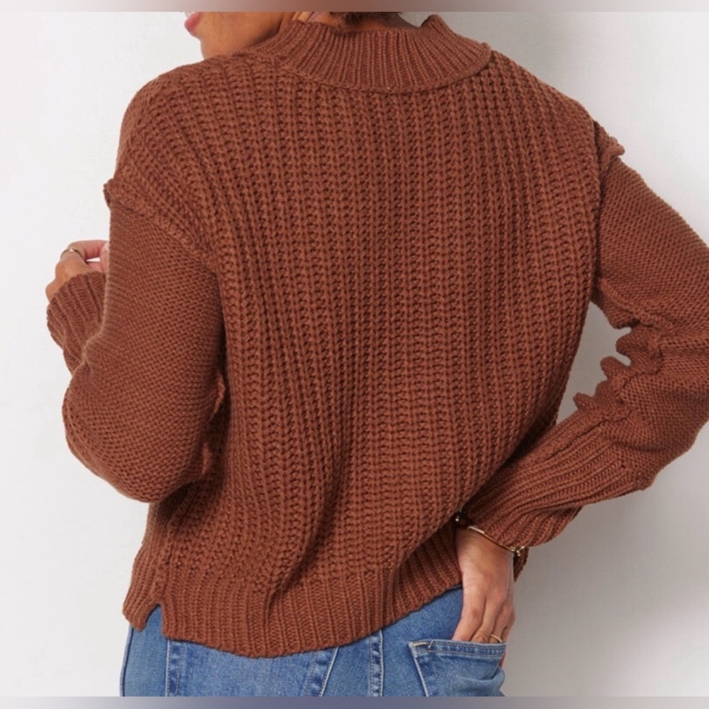 Free People Bell Song Crewneck Chunky Knit Sweater Brown Cotton Blend Medium - Picture 3 of 8
